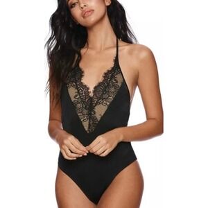 NWT Beach Bunny Black Lace Plunge‎ Halter One Piece Swimsuit 2xl
